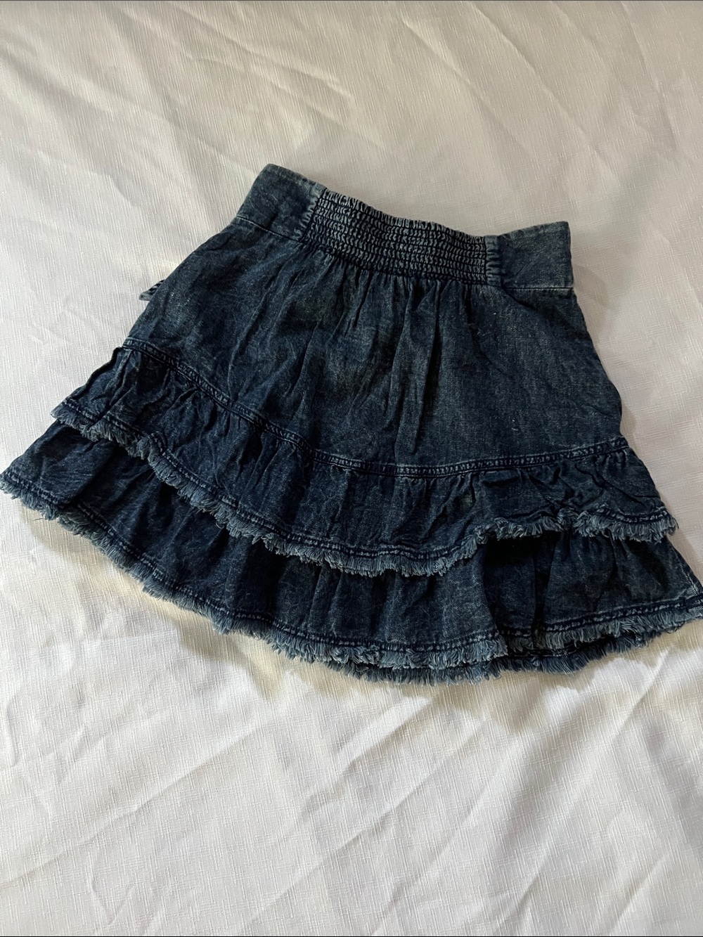 Pilcro Dark Blue Denim Tiered Ruffle Skirt with Tie Waist, pockets, and side zip - Picture 2 of 4